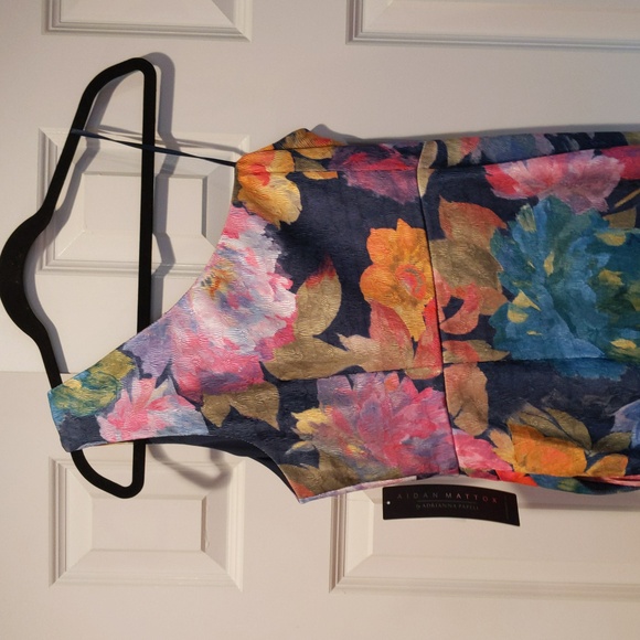 Aidan Mattox One Shoulder Draped Floral Gown With Thigh Slit In Navy Multi - Picture 12 of 14